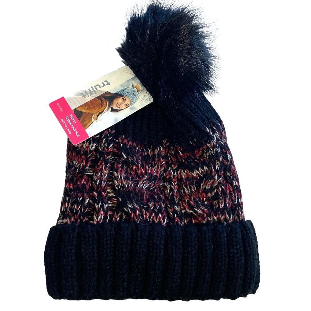 Trulfit NEW Puff Warm Cable Knit Beanie Winter Hat Womens One Size Red & Black